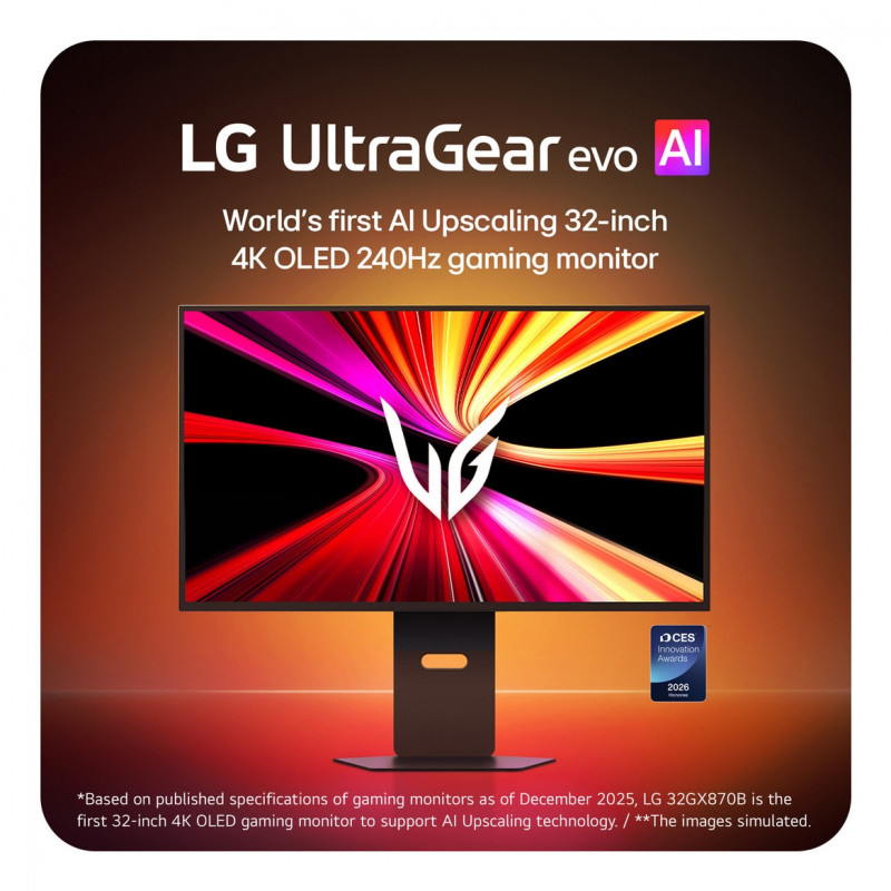 LG UltraGear Evo AI 32GX870B-B 31,5 collu Tandem OLED spēļu monitors, 4K 240Hz / FHD 480Hz, HDR500, USB-C 90W
