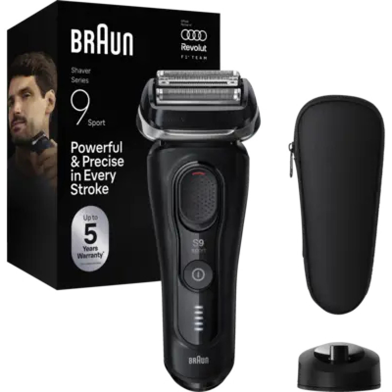 Braun Series 9 Sport 9110s elektriskais skuveklis, mitrā un sausā skūšanās, SyncroSonic tehnoloģija, 5 skūšanās elementi, 60 min darbības laiks, LED displejs, precīzijas trimmeris, melns/pelēks