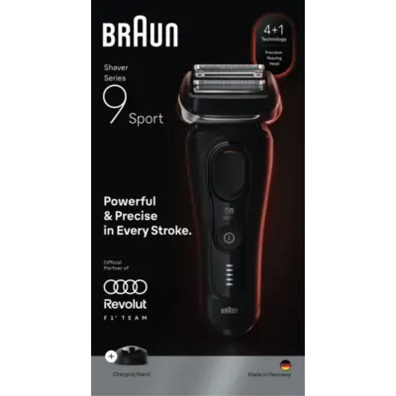 Braun Series 9 Sport 9110s elektriskais skuveklis, mitrā un sausā skūšanās, SyncroSonic tehnoloģija, 5 skūšanās elementi, 60 min darbības laiks, LED displejs, precīzijas trimmeris, melns/pelēks