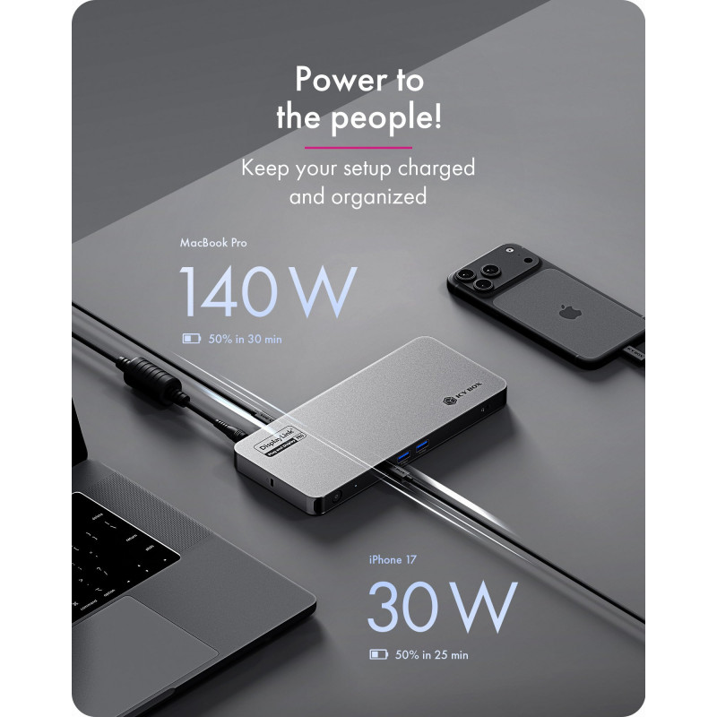 ICY BOX 12-in-1 Diamond Dock USB-C dokstacija ar diviem 4K displejiem, 100W jaudas padevi, Gigabit Ethernet un karšu lasītāju