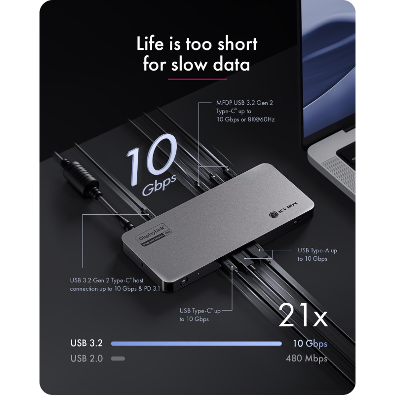 ICY BOX 12-in-1 Diamond Dock USB-C dokstacija ar diviem 4K displejiem, 100W jaudas padevi, Gigabit Ethernet un karšu lasītāju