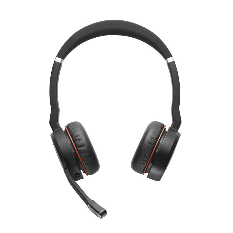 Jabra Evolve 75 MS Stereo bezvadu austiņas ar aktīvo trokšņu slāpēšanu, Microsoft Teams sertificētas, divkāršs Bluetooth savienojums, Busylight, uz auss, melnas