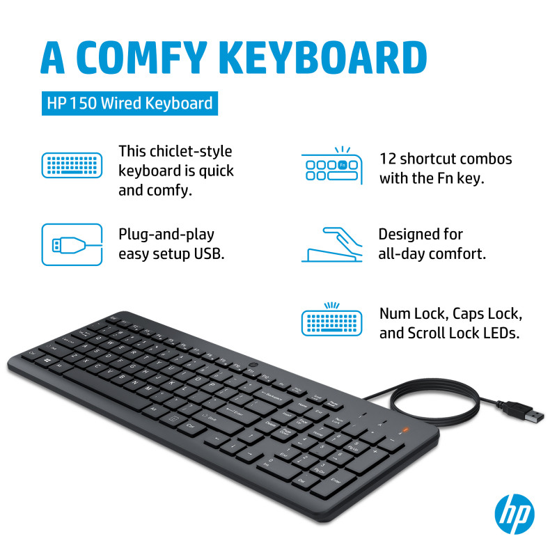 HP 150 vadu tastatūra HE - pilna izmēra USB tastatūra, melna, izturīga pret izšļakstīšanos, ciparu taustiņu bloks 664R5AA#ABT
