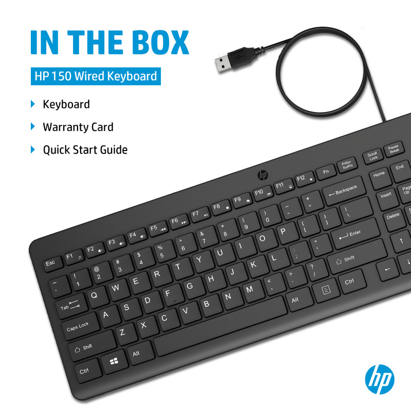HP 150 vadu tastatūra HE - pilna izmēra USB tastatūra, melna, izturīga pret izšļakstīšanos, ciparu taustiņu bloks 664R5AA#ABT