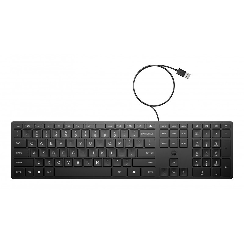 HP Desktop 320K vadu USB klaviatūra - beļģu AZERTY izkārtojums, melna, pilna izmēra ar ciparu tastatūru, izturīga pret šķidruma izšļakstīšanos, plānajiem klientiem un galddatoriem (9SR37AA#AC0)