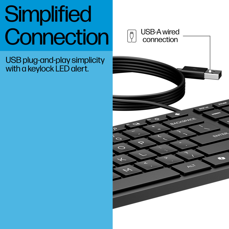 HP Desktop 320K vadu USB klaviatūra - beļģu AZERTY izkārtojums, melna, pilna izmēra ar ciparu tastatūru, izturīga pret šķidruma izšļakstīšanos, plānajiem klientiem un galddatoriem (9SR37AA#AC0)
