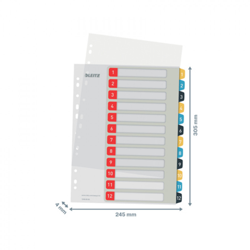 Leitz Cosy A4 drukātu satura rādītāja atdalītāju komplekts, 1-12, PP, daudzkrāsains 12480000