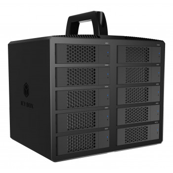 ICY BOX IB-3710-C31 10 nodalījumu USB 3.2 Gen 2 JBOD korpuss 2,5 collu/3,5 collu SATA HDD/SSD, Single Mode, USB-C uz C kabelis, 200 W barošanas bloks, melns