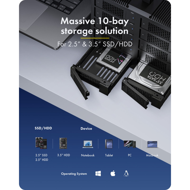 ICY BOX IB-3710-C31 10 nodalījumu USB 3.2 Gen 2 JBOD korpuss 2,5 collu/3,5 collu SATA HDD/SSD, Single Mode, USB-C uz C kabelis, 200 W barošanas bloks, melns