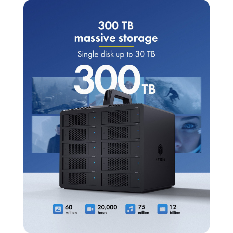 ICY BOX IB-3710-C31 10 nodalījumu USB 3.2 Gen 2 JBOD korpuss 2,5 collu/3,5 collu SATA HDD/SSD, Single Mode, USB-C uz C kabelis, 200 W barošanas bloks, melns