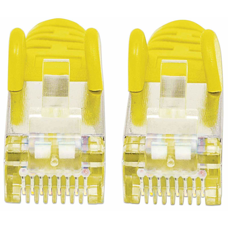 Intellinet augstas veiktspējas Cat.7 SFTP tīkla savienojuma kabelis, 15 m, RJ-45 tēviņš uz RJ-45 tēviņu, dzeltens, bez halogēniem, ar aizsargātu fiksatoru 741125