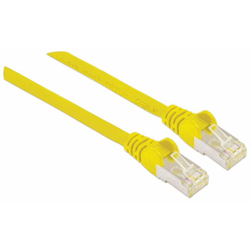 Intellinet augstas veiktspējas Cat.7 SFTP tīkla savienojuma kabelis, 15 m, RJ-45 tēviņš uz RJ-45 tēviņu, dzeltens, bez halogēniem, ar aizsargātu fiksatoru 741125