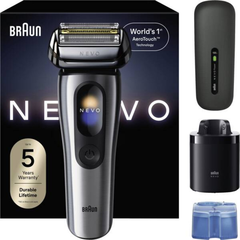 Braun NEVO 17000cc elektriskais skuveklis ar Clean&Charge staciju, 5 režīmi, 360° galva, hromēts/sudraba 349659