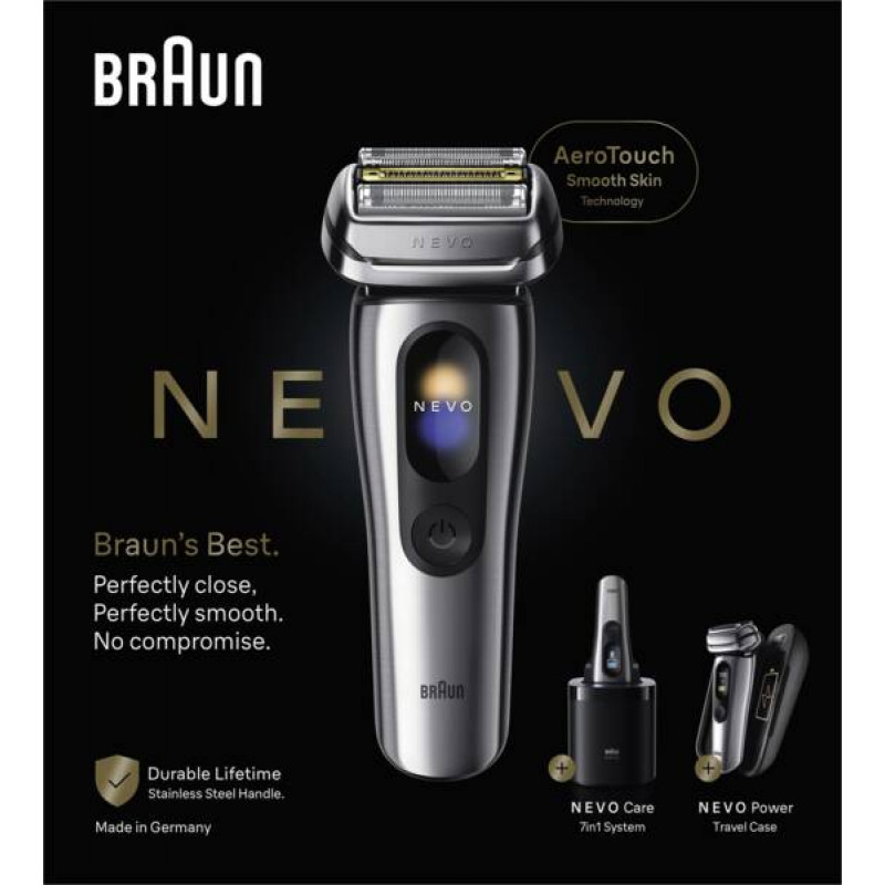 Braun NEVO 17000cc elektriskais skuveklis ar Clean&Charge staciju, 5 režīmi, 360° galva, hromēts/sudraba 349659