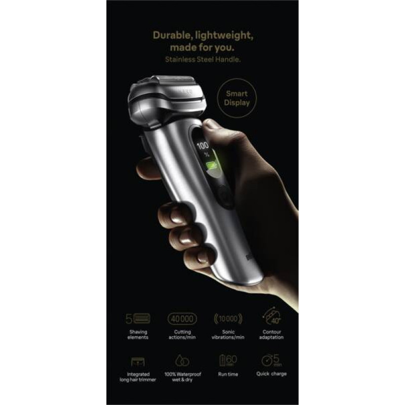 Braun NEVO 17000cc elektriskais skuveklis ar Clean&Charge staciju, 5 režīmi, 360° galva, hromēts/sudraba 349659
