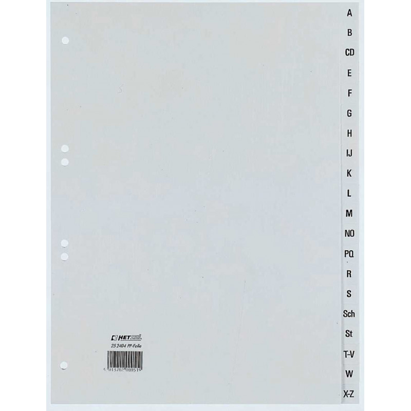 REXEL HETZEL A4 A-Z satura rādītāja atdalītājs, 20 atzīmes, polipropilēns, pelēks, 80-80-80 mm perforācija 25240481