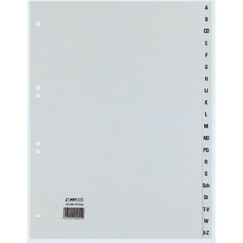 REXEL HETZEL A4 A-Z satura rādītāja atdalītājs, 20 atzīmes, polipropilēns, pelēks, 80-80-80 mm perforācija 25240481