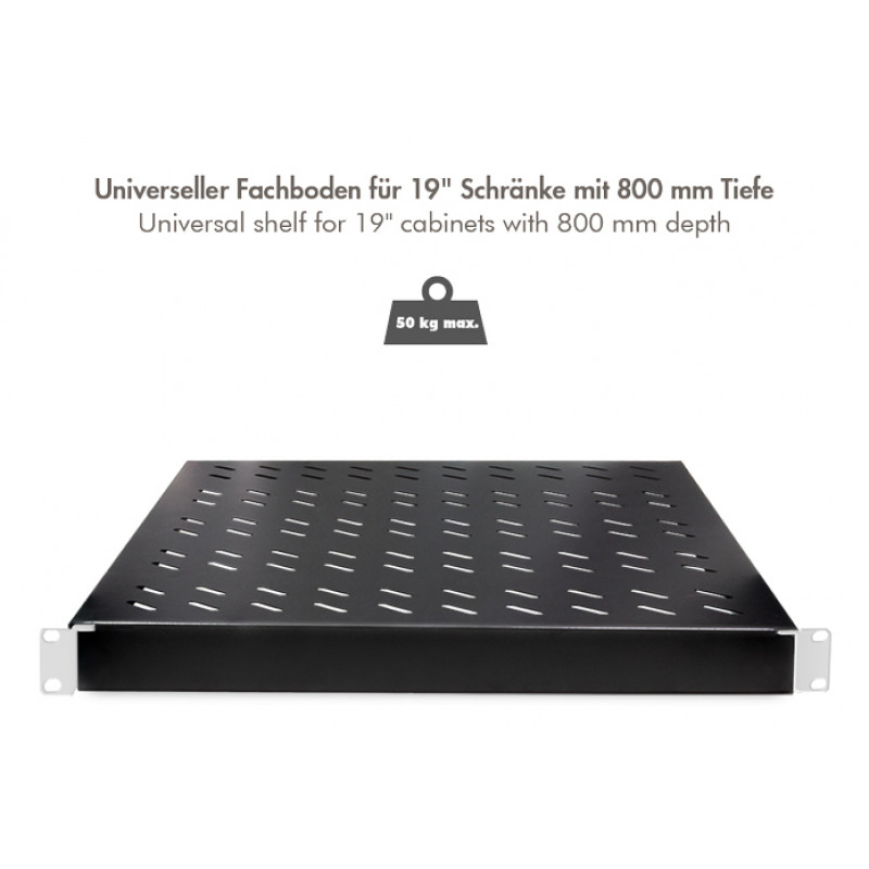 LogiLink 19 collu statīva plaukts 1U regulējams dziļums 570 mm perforēts melns 800 mm dziļiem skapjiem SF0800B