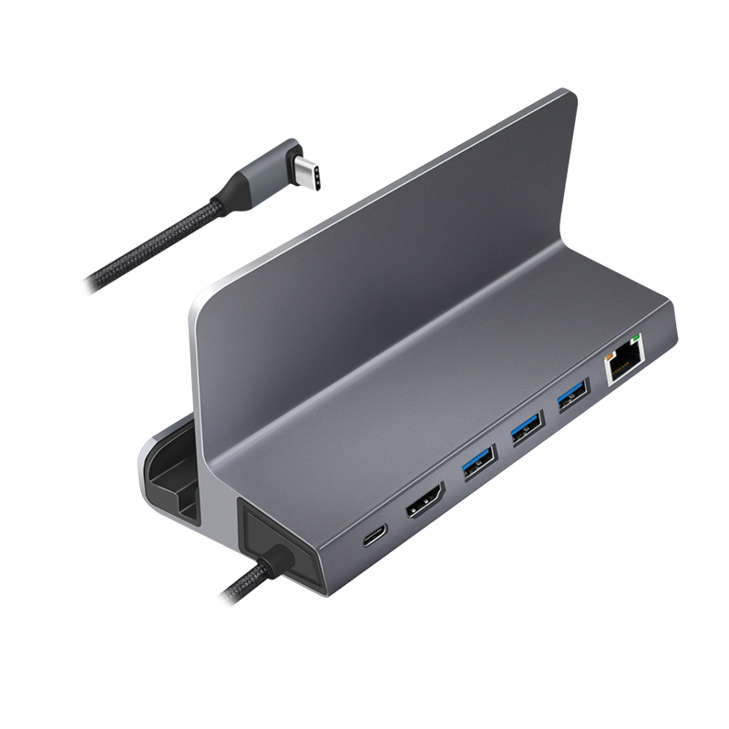 LogiLink UA0408 USB-C dokstacija ar planšetdatora statīvu, HDMI 4K@60Hz, 100W PD, Gigabit Ethernet, sudraba