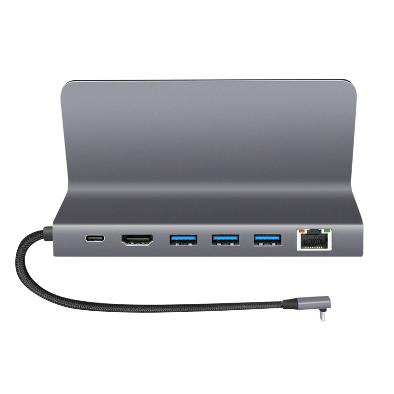 LogiLink UA0408 USB-C dokstacija ar planšetdatora statīvu, HDMI 4K@60Hz, 100W PD, Gigabit Ethernet, sudraba