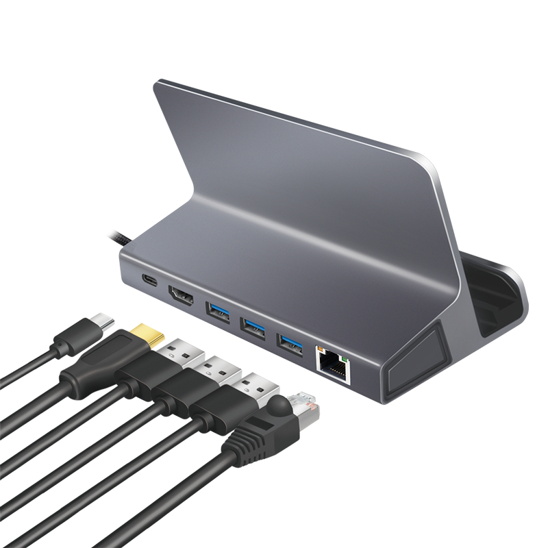 LogiLink UA0408 USB-C dokstacija ar planšetdatora statīvu, HDMI 4K@60Hz, 100W PD, Gigabit Ethernet, sudraba