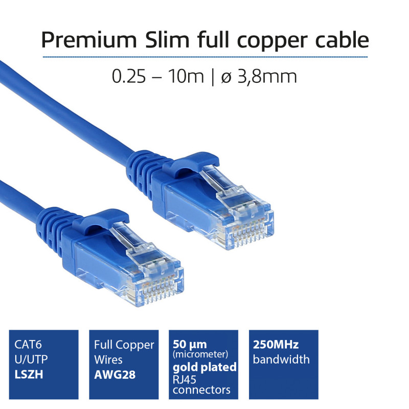 ACT Zils 0,25m LSZH U/UTP CAT6 Datacenter Slimline savienojuma kabelis ar RJ45 savienotājiem DC9652