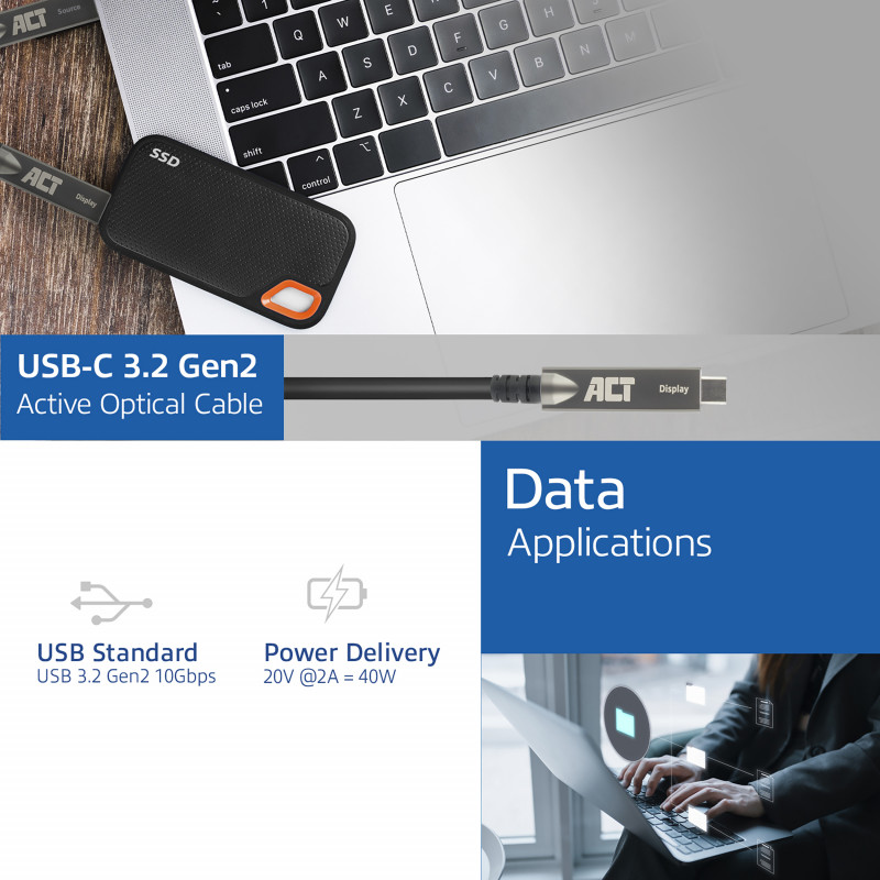 ACT USB-C 3.2 Gen2 aktīvais optiskais kabelis (AOC), paredzēts skārienpaneļiem, video, datiem, barošanai, 15m (AK4335)