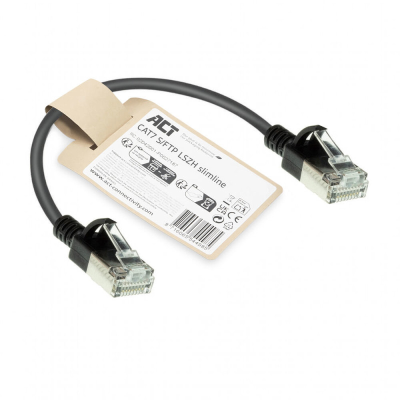 ACT melns 0,25m LSZH S/FTP CAT7 slimline savienojuma kabelis ar aizsargātiem RJ45 savienotājiem (DF7952)