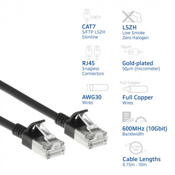 ACT Melns 0,5m LSZH S/FTP CAT7 Slimline savienojuma kabelis ar aizsargātiem RJ45 savienotājiem (DF7900)