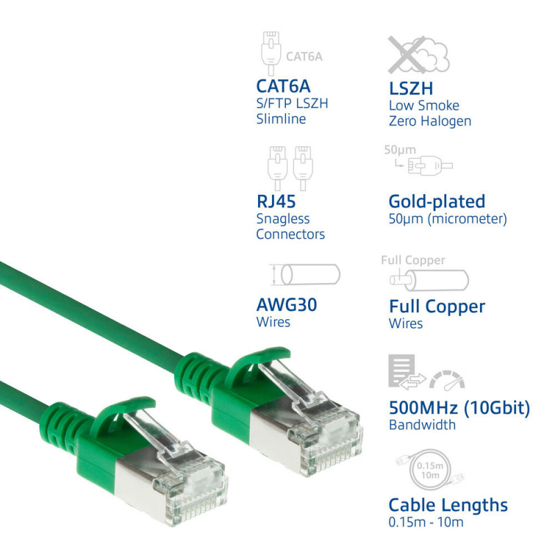ACT zaļš 7m LSZH S/FTP CAT6A Slimline Snagless tīkla kabelis ar RJ45 savienotājiem (DB7707)