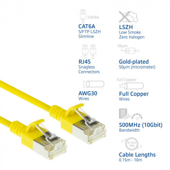 ACT dzeltens 3m LSZH S/FTP CAT6A slimline savienojuma kabelis ar aizsargātiem RJ45 savienotājiem (DB7803)