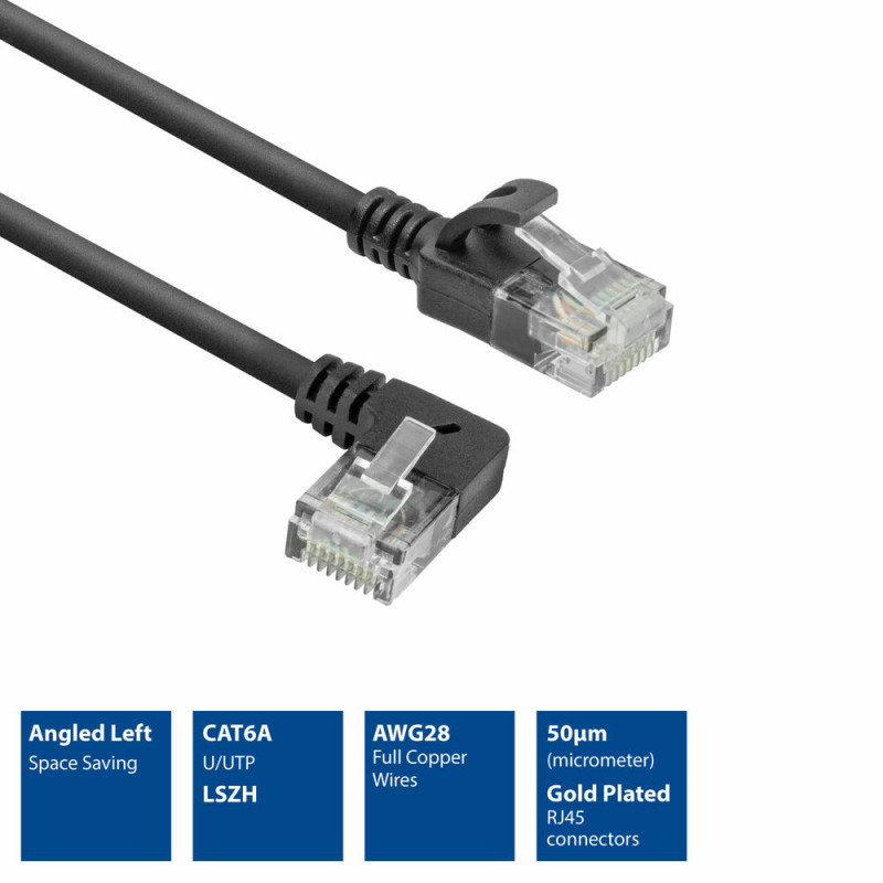 ACT DC1901 1m CAT6A U/UTP LSZH Slimline tīkla kabelis, RJ45 90° leņķa kreisais uz taisno, melns