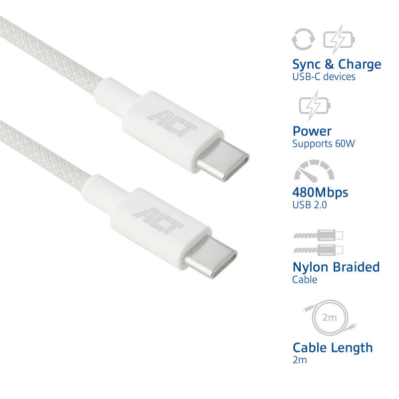 ACT USB 2.0 60W uzlādes/datu kabelis USB-C uz USB-C, balts, 2 m (AC3081)
