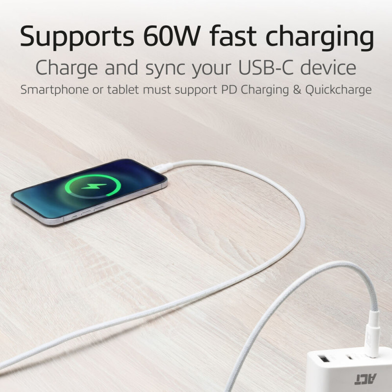 ACT USB 2.0 60W uzlādes/datu kabelis USB-C uz USB-C, balts, 2 m (AC3081)