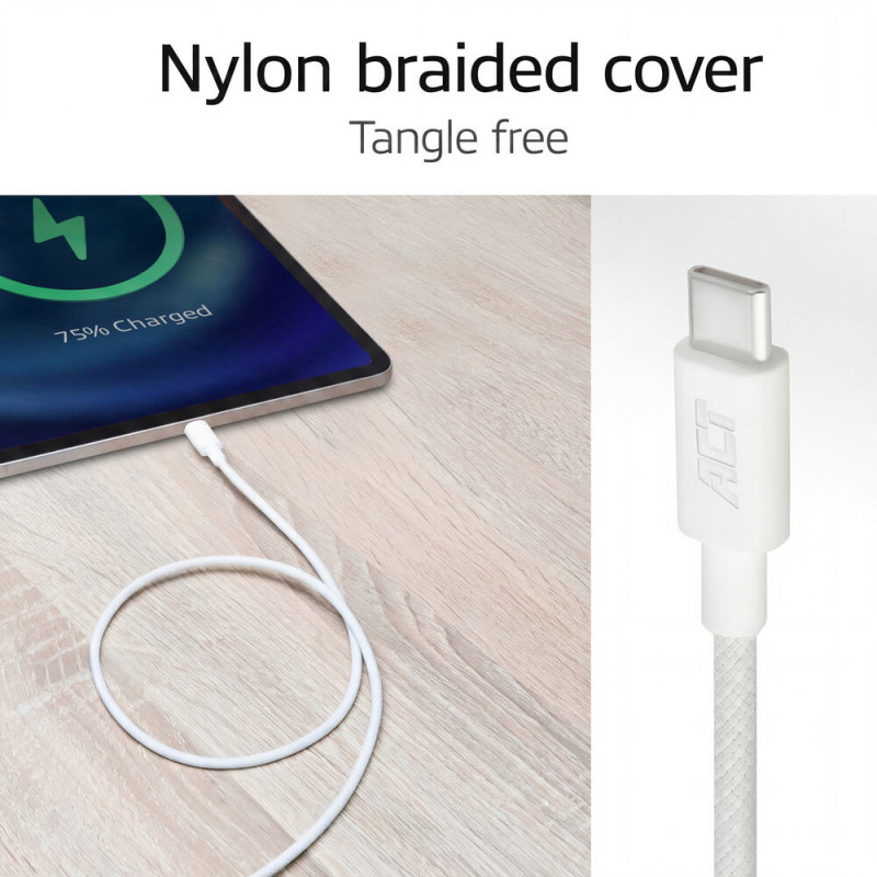 ACT USB 2.0 60W uzlādes/datu kabelis USB-C uz USB-C, balts, 2 m (AC3081)