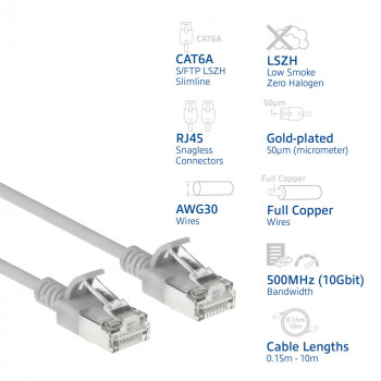 ACT pelēks 0,15m LSZH S/FTP CAT6A slimline savienojuma kabelis ar aizsargātu fiksatoru un RJ45 savienotājiem (DB7030)