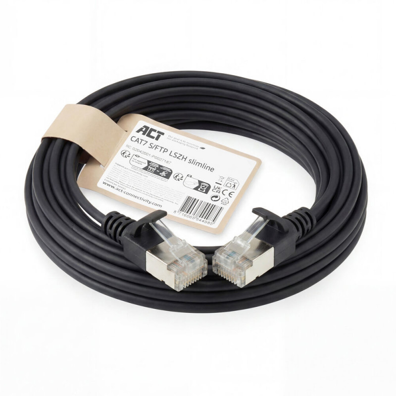 ACT Melns 5m LSZH S/FTP CAT7 Slimline savienojuma kabelis ar aizsargātiem RJ45 savienotājiem (DF7905)