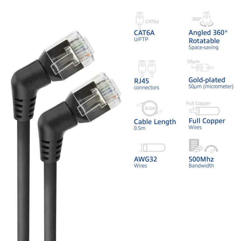 ACT DD1900 melns 0,5 m U/FTP CAT6A slimline savienojuma kabelis ar leņķa 360° rotējošiem RJ45 savienotājiem
