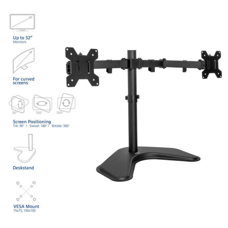 ACT AC8363 divu monitoru galda statīvs 2 ekrāniem līdz 32 inch - skavas un cauruma stiprinājums, VESA 75/100, 8 kg uz roku, melns