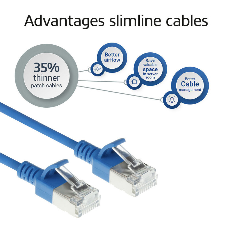 ACT Zils 7m LSZH S/FTP CAT6A Slimline savienojuma kabelis ar aizsargātiem RJ45 savienotājiem (DB7607)