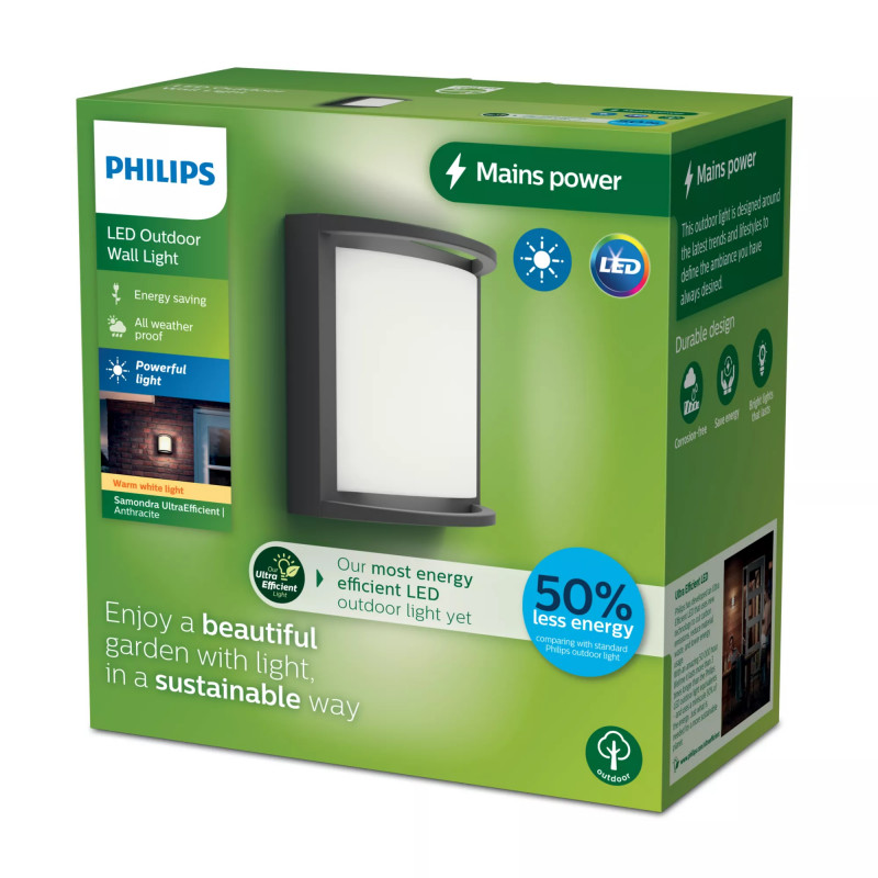 Philips Outdoor Ultra-Efficient Samondra sienas lampa 3,8W, 2700 Kelvini, antracīta
