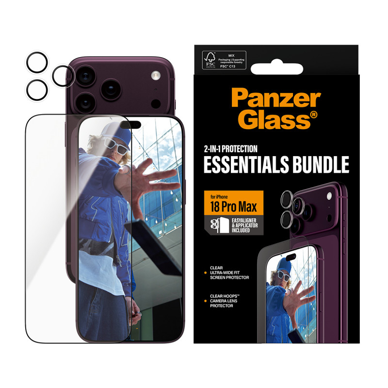 PanzerGlass 2-in-1 Essentials komplekts ar ekrāna aizsargplēvi un kameras objektīva aizsargplēvi iPhone 18 Pro Max