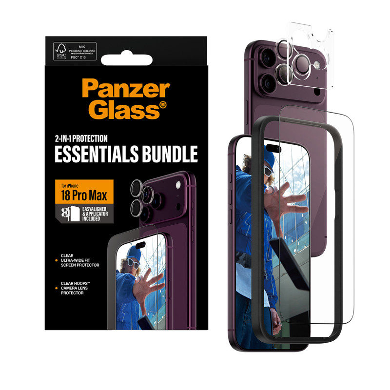 PanzerGlass 2-in-1 Essentials komplekts ar ekrāna aizsargplēvi un kameras objektīva aizsargplēvi iPhone 18 Pro Max