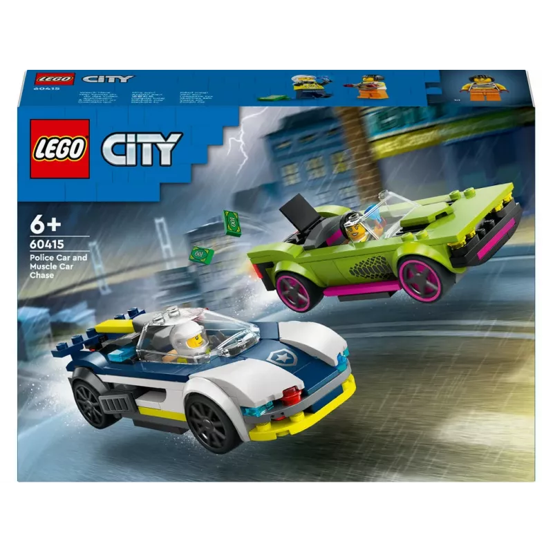 LEGO City rotaļu komplekts 60415 Policijas auto un muskuļauto pakaļdzīšanās — 213 elementi, 2 minifigūras, vecumam 6+
