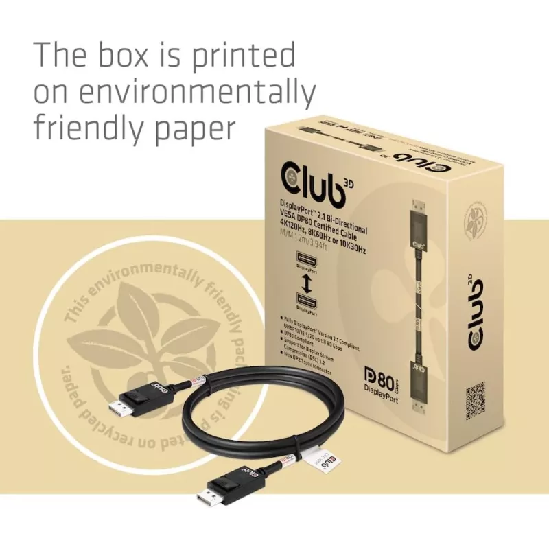 CLUB3D DisplayPort 2.1 Divvirzienu VESA DP80 sertificēts kabelis 4K240Hz, 8K60Hz vai 10K30Hz M/M 1,2 m/3,94 pēdas