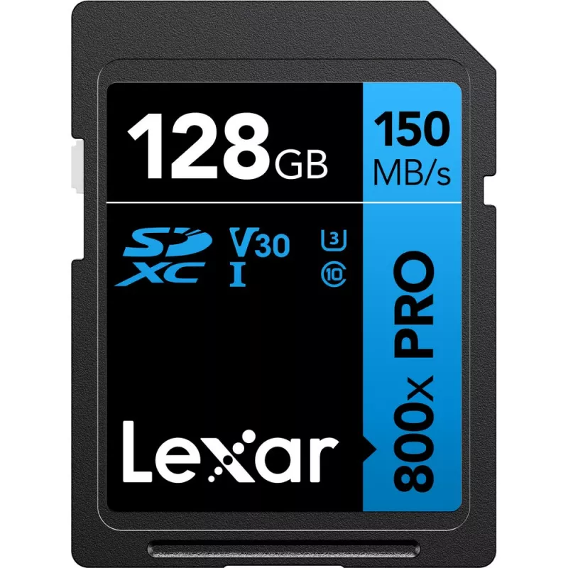 SDXC atmiņas karte Lexar 128GB UHS-I 800xPRO Class 10 U3 V30 — 150 MB/s lasīšana, 45 MB/s rakstīšana, melna