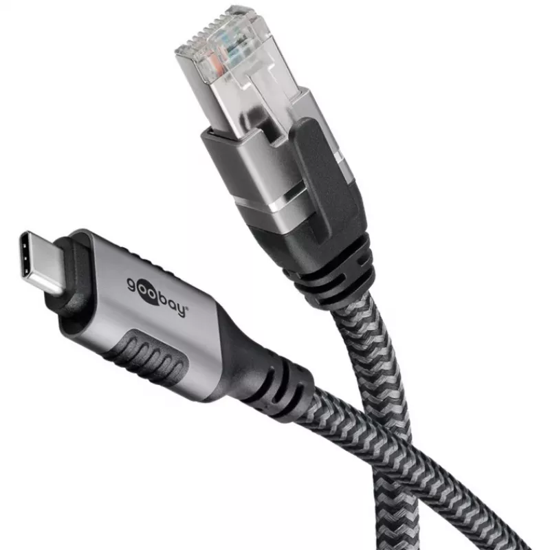Ethernet kabelis USB-C 3.2 Gen2 spraudnis > RJ-45 spraudnis, LAN adapteris melns/sudrabains, 2 metri, pīts tekstila apvalks