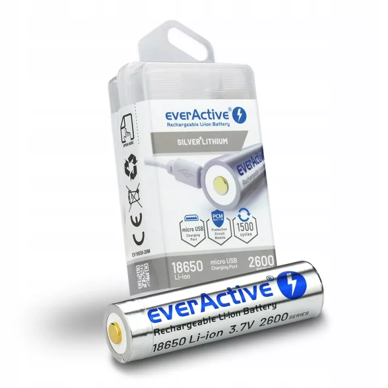 akumulators everActive 18650 3.7V Li-ion 2600mAh micro USB with protection BOX