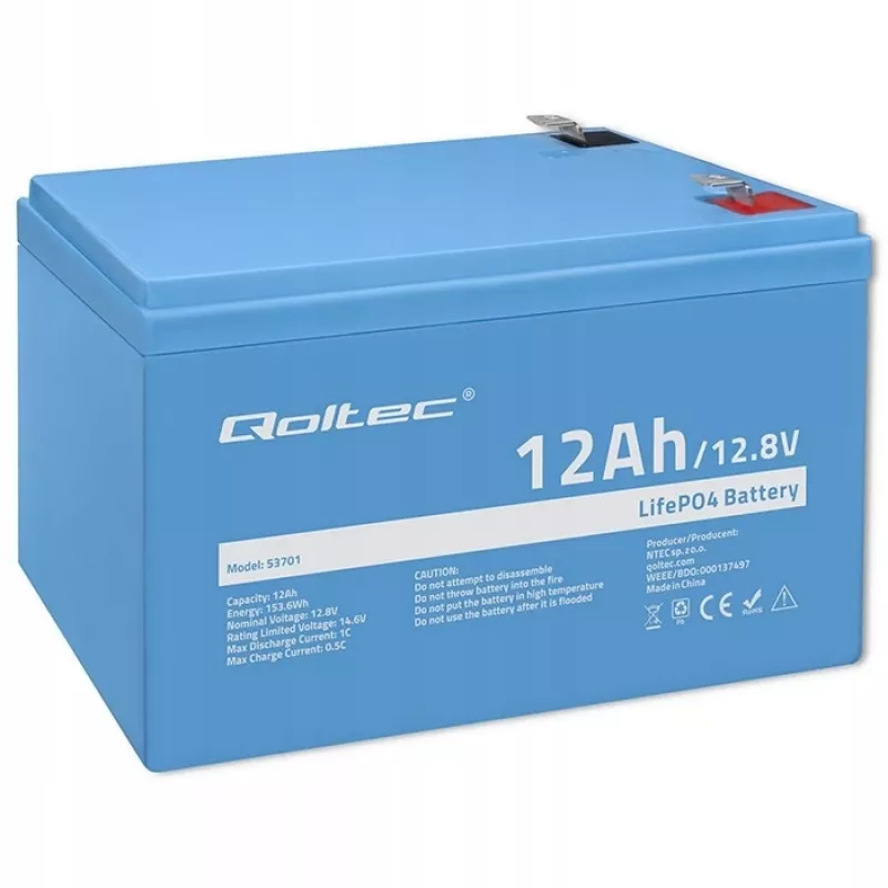 Qoltec LiFePO4 litija dzelzs fosfāta baterija 12,8 V 12 Ah 153,6 Wh ar BMS