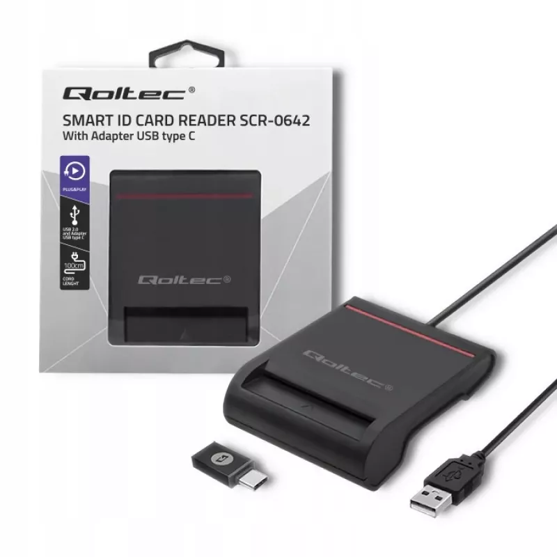 ID karšu lasītājs QOLTEC Smart chip ID card scanner — USB, melns, 84.5×65×16 mm, 63 g